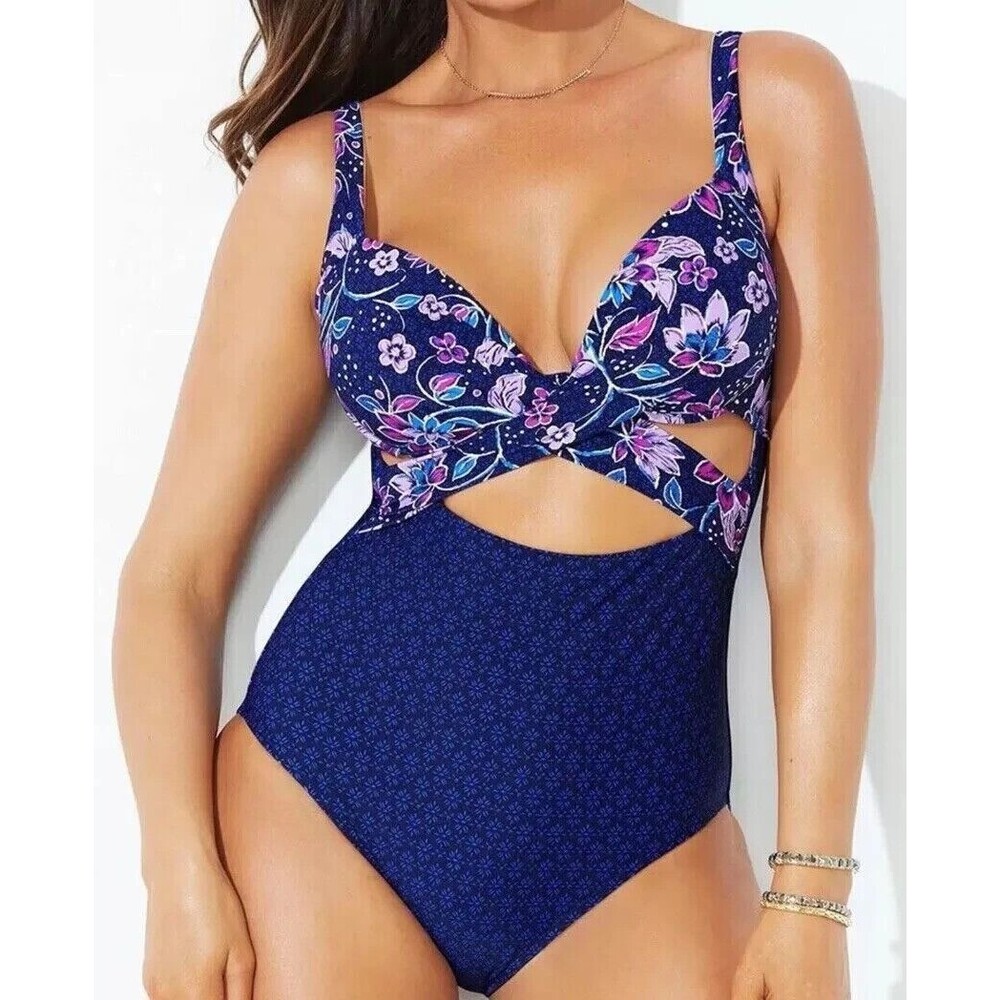 NWT Swimsuits For All Womens Tummy Control Straps Cutout One Piece Swimsuit 18